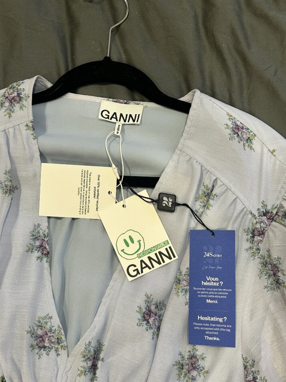NWT GANNI Floral Smocked Midi Dress | Balloon Sleeves, V-Neck | Cottagecore - Picture 4 of 8